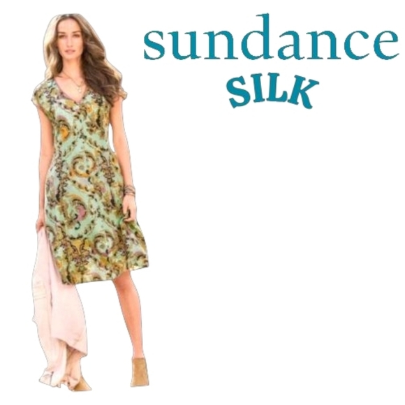 Sundance 100% SILK Mint Gold Paisley Sleeveless Side Zip Knee-length Dress Sz 6 - Picture 12 of 15